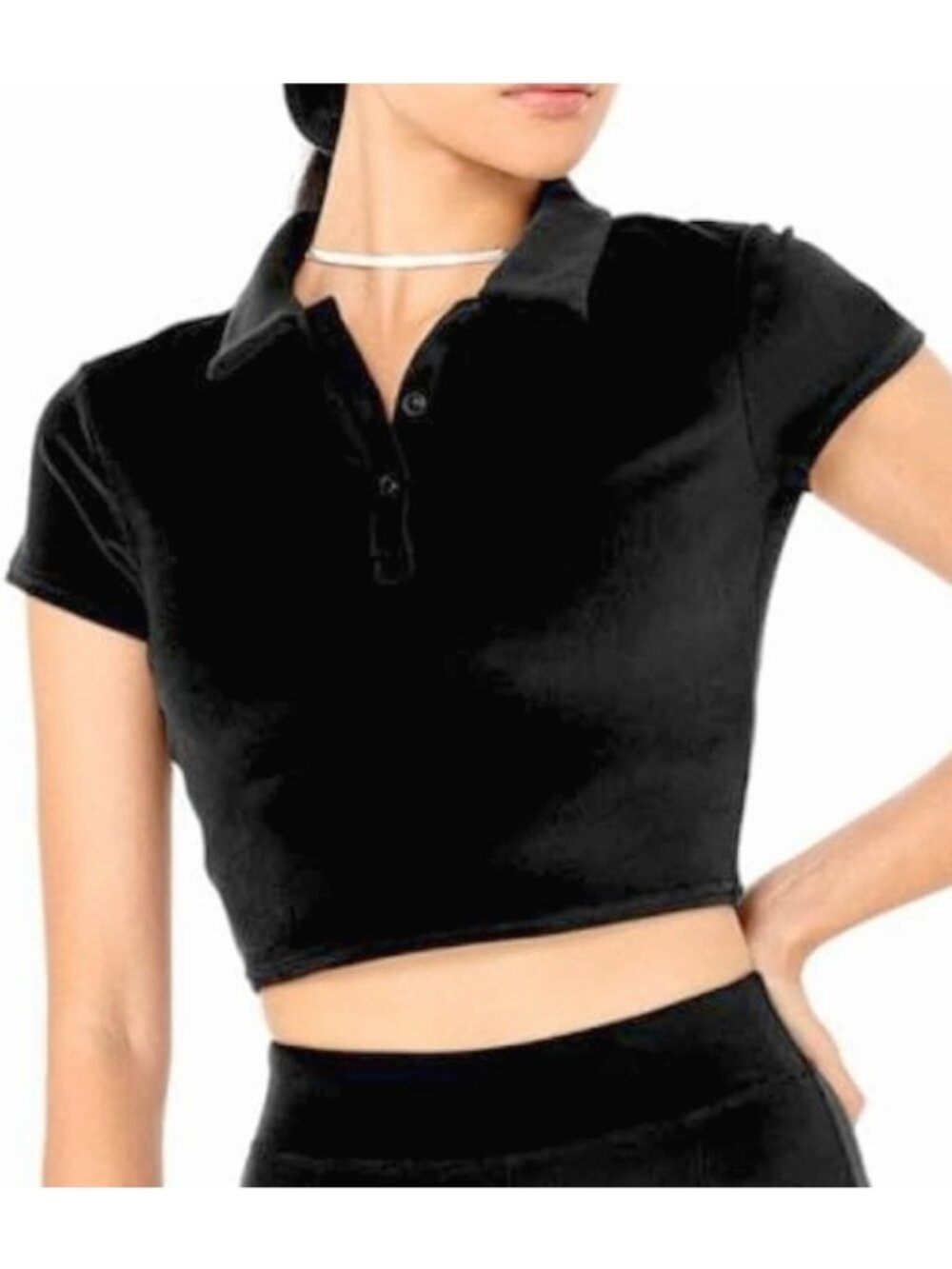 Alo Velour Choice Polo Black Velvet Fuzzy Cropped Short Sleeve Henley Crop Top